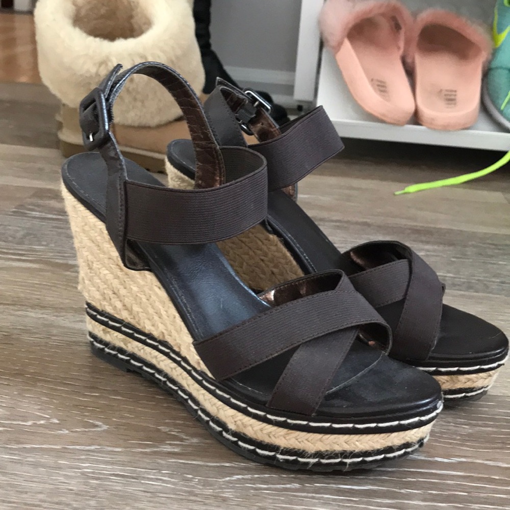 Brown and tan strappy wedges